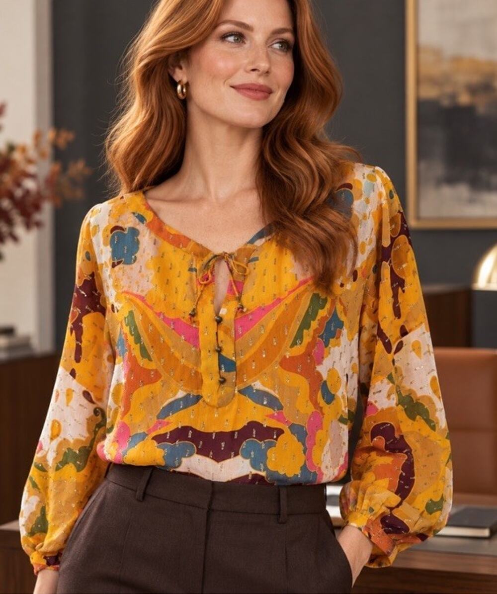 DVF Diane von Furstenberg Peelo Silk Metallic Boho Blouse 12 14 L XL Fall Print